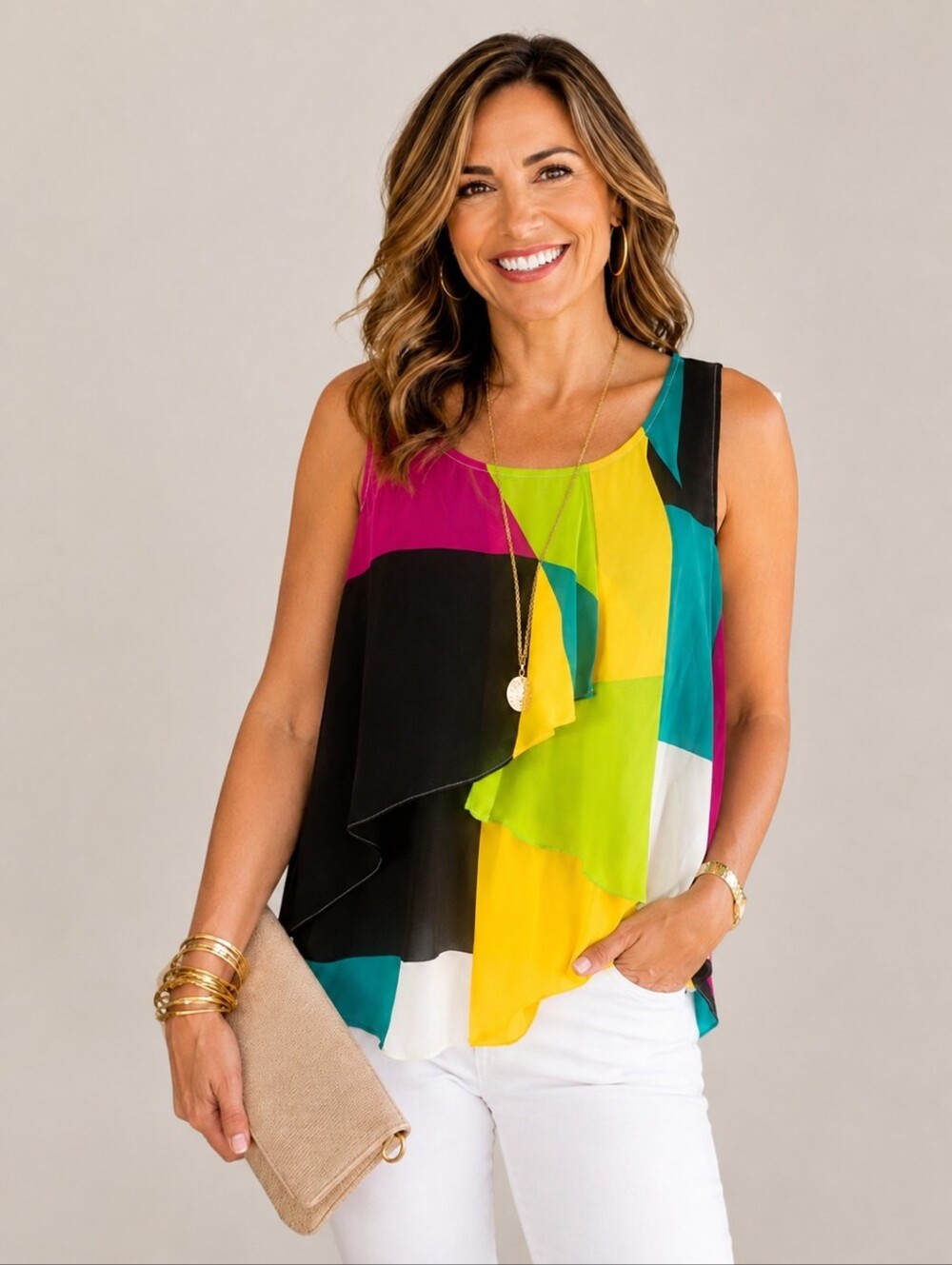 Worthington Abstract Retro Color Block Floaty Sleeveless Top. Size Medium